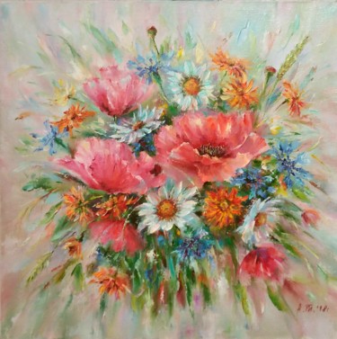 Картина под названием "Summer bouquet with…" - Alla Tatarinova, Подлинное произведение искусства, Масло