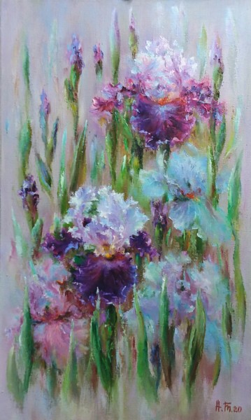 Painting titled "Bouquet of irises" by Alla Tatarinova, Original Artwork, Oil