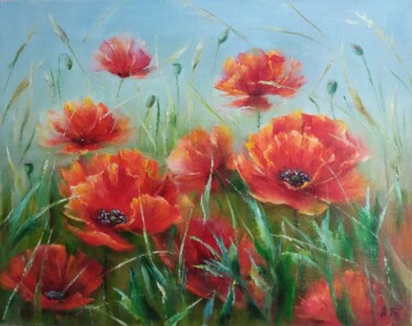 Malerei mit dem Titel "Field of poppies" von Alla Tatarinova, Original-Kunstwerk, Öl