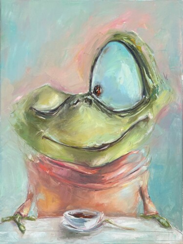 Malerei mit dem Titel "Frosch mit Kaffee." von Alla Wittkowski, Original-Kunstwerk, Öl