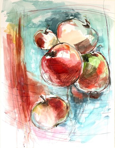 Pintura intitulada "Die Bunte Äpfel" por Alla Wittkowski, Obras de arte originais, Aquarela