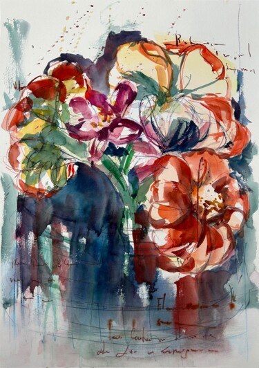 Painting titled "Flower painting" by Alla Wittkowski, Original Artwork, Watercolor