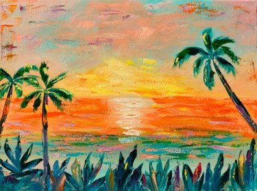 Painting titled "Tropical oil Painti…" by Alla Al, Original Artwork, Oil Mounted on Wood Stretcher frame