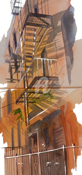 Painting titled "escalier" by Allais Rabeux, Original Artwork, Watercolor
