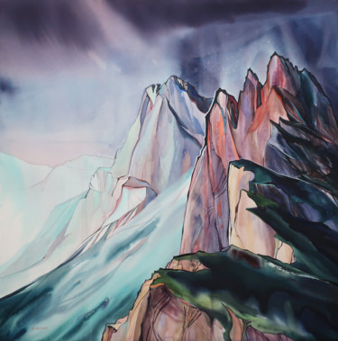 Painting titled "Seceda after sunset…" by Alla Vlaskina, Original Artwork, Watercolor