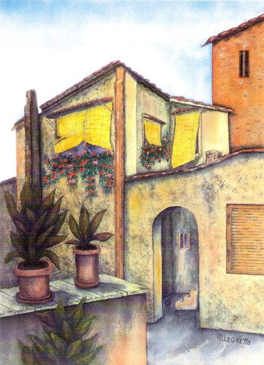 Painting titled "Via Roma" by Allegretto, Original Artwork, Watercolor
