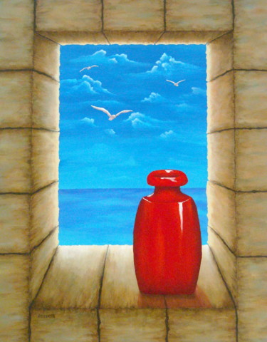Painting titled "View From Castle" by Allegretto, Original Artwork, Acrylic Mounted on Wood Stretcher frame