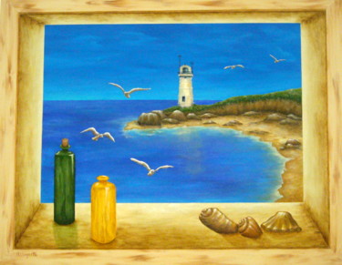 Painting titled "Lighthouse View" by Allegretto, Original Artwork, Acrylic Mounted on Wood Stretcher frame