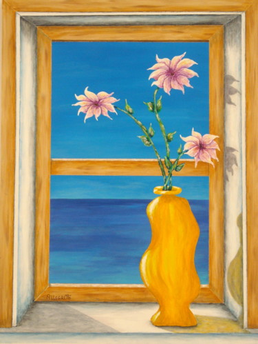 Painting titled "Yellow Vase" by Allegretto, Original Artwork, Acrylic Mounted on Wood Stretcher frame