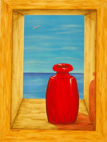 Painting titled "Red Vase" by Allegretto, Original Artwork, Acrylic Mounted on Wood Stretcher frame