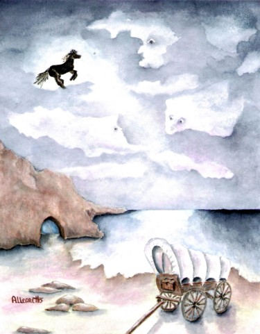 Painting titled "Midnight Ride" by Allegretto, Original Artwork, Watercolor