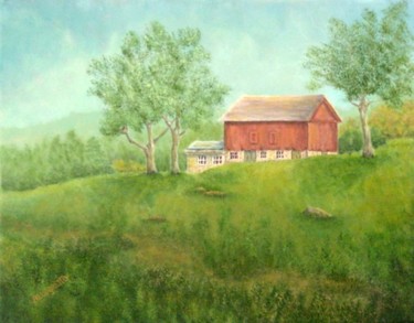 Painting titled "Red Barn in East Ha…" by Allegretto, Original Artwork, Acrylic
