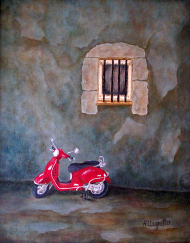 Malerei mit dem Titel "Red Vespa" von Allegretto, Original-Kunstwerk, Acryl