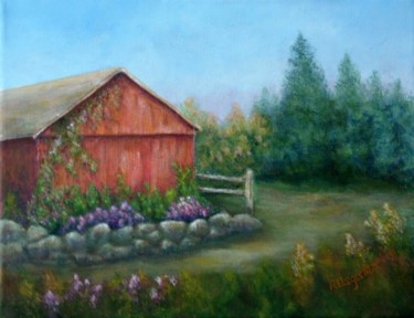 Painting titled "Red Barn in Moodus" by Allegretto, Original Artwork, Acrylic