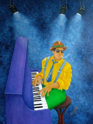 Painting titled "Piano Man" by Allegretto, Original Artwork, Acrylic Mounted on Wood Stretcher frame