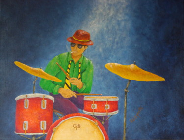 Painting titled "Jazz Drummer" by Allegretto, Original Artwork, Acrylic Mounted on Wood Stretcher frame