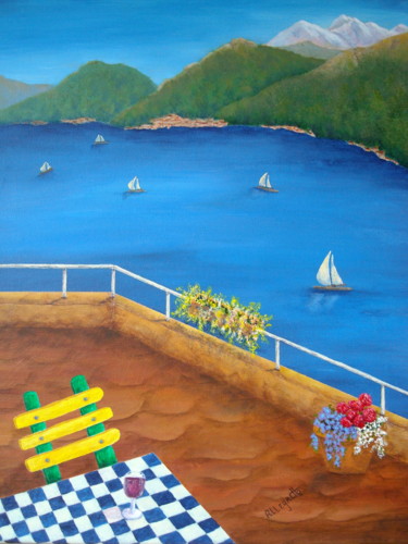 Painting titled "Lake Como" by Allegretto, Original Artwork, Acrylic Mounted on Wood Stretcher frame