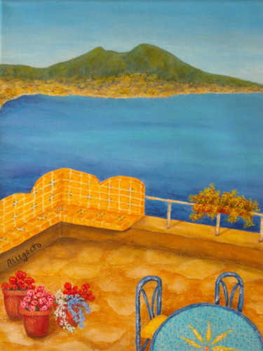 Painting titled "Veduta di Vesuvio" by Allegretto, Original Artwork, Acrylic Mounted on Wood Stretcher frame