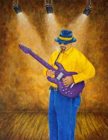 Painting titled "Jazz Guitar Man" by Allegretto, Original Artwork, Acrylic Mounted on Wood Stretcher frame