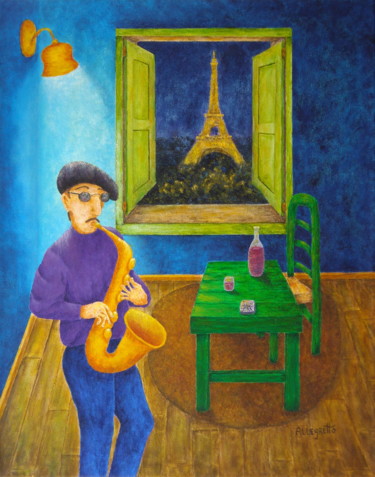 Painting titled "Paris Blues" by Allegretto, Original Artwork, Acrylic Mounted on Wood Stretcher frame
