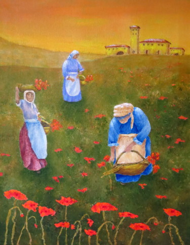 Painting titled "HARVESTING POPPIES…" by Allegretto, Original Artwork, Acrylic