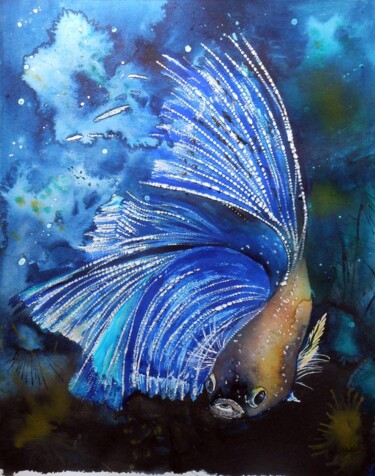Peinture intitulée "Poisson bleu" par Christiane Allenbach, Œuvre d'art originale, Aquarelle