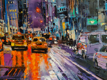 Painting titled "NewYork Lights." by Allende, Original Artwork, Oil Mounted on Wood Stretcher frame