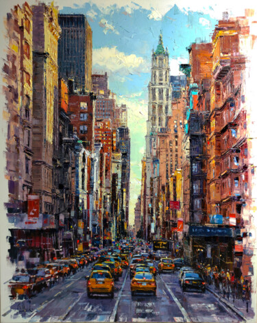 Painting titled "Traffic in Broadway" by Allende, Original Artwork, Acrylic Mounted on Wood Stretcher frame
