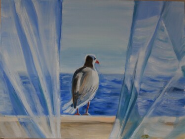 Painting titled "Seagull and sea" by Elena Afanasieva, Original Artwork, Oil Mounted on Wood Stretcher frame