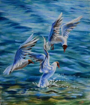 Painting titled "Hungry gulls" by Elena Afanasieva, Original Artwork, Oil Mounted on Wood Stretcher frame