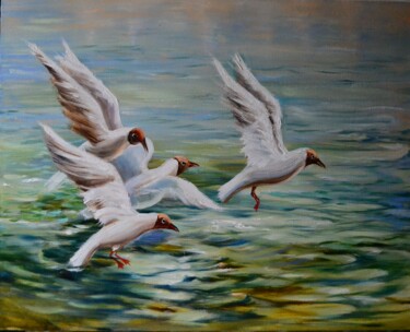 Painting titled "Flight" by Elena Afanasieva, Original Artwork, Oil Mounted on Wood Stretcher frame