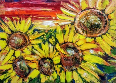 Peinture intitulée "Sunflowers field on…" par Skorokhoart, Œuvre d'art originale, Huile