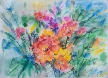 Schilderij getiteld "poppy meadow waterc…" door Skorokhoart, Origineel Kunstwerk, Aquarel