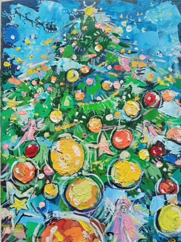 Pintura titulada "Christmas Tree oil…" por Skorokhoart, Obra de arte original, Oleo