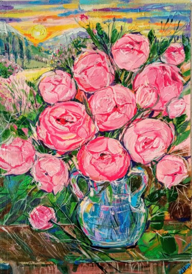 Painting titled "Pink Boho Bouquet i…" by Skorokhoart, Original Artwork, Oil