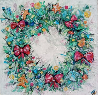 Картина под названием "Christmas Wreath on…" - Skorokhoart, Подлинное произведение искусства, Масло