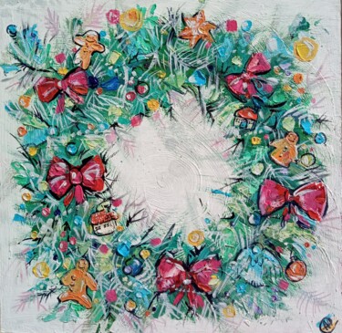 Malerei mit dem Titel "Christmas Wreath on…" von Skorokhoart, Original-Kunstwerk, Öl