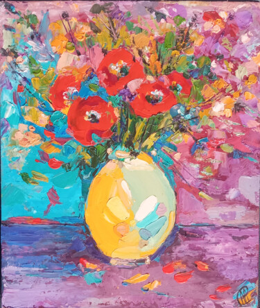 Painting titled "Poppies Floral Stil…" by Skorokhoart, Original Artwork, Oil