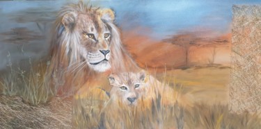 Peinture intitulée "le lion dans la sav…" par Brigitte Desmons, Œuvre d'art originale, Huile