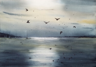 Painting titled "Gray seascape" by Svetlana Yumatova, Original Artwork, Watercolor