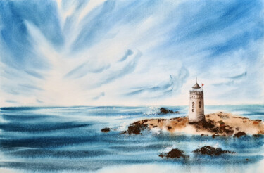 Painting titled "Greek lighthouse" by Svetlana Yumatova, Original Artwork, Watercolor