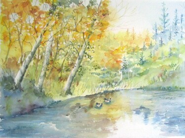 Painting titled "Marais aux colverts" by Claudette Allosio, Original Artwork, Watercolor