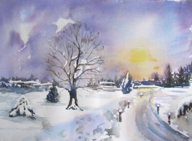 Painting titled "paysage enneigé" by Claudette Allosio, Original Artwork, Watercolor