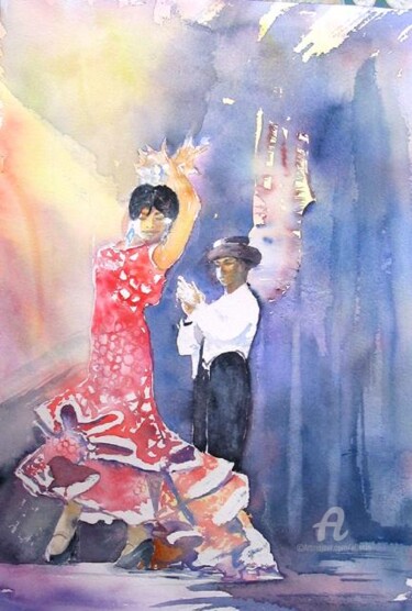 Peinture intitulée "flamenco" par Claudette Allosio, Œuvre d'art originale, Aquarelle