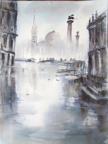 Painting titled "Venise un jour gris" by Claudette Allosio, Original Artwork, Watercolor