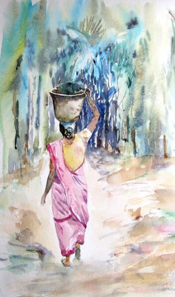 Painting titled "Jeune hindou" by Claudette Allosio, Original Artwork, Watercolor