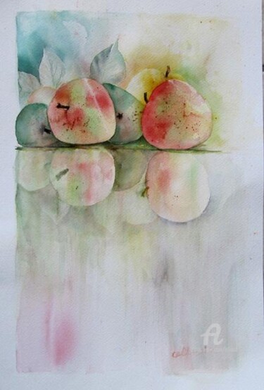 Painting titled "Reflets de pommes" by Claudette Allosio, Original Artwork, Watercolor