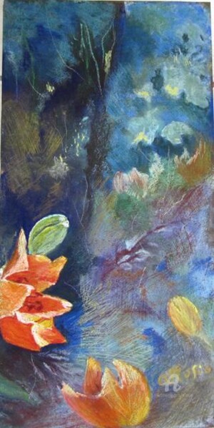 Peinture intitulée "rocher au lys orangé" par Claudette Allosio, Œuvre d'art originale, Autre