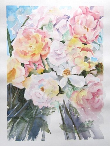 Painting titled "roses vanille-framb…" by Claudette Allosio, Original Artwork, Watercolor