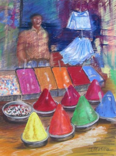 Peinture intitulée "vendeur de pigments" par Claudette Allosio, Œuvre d'art originale, Pastel